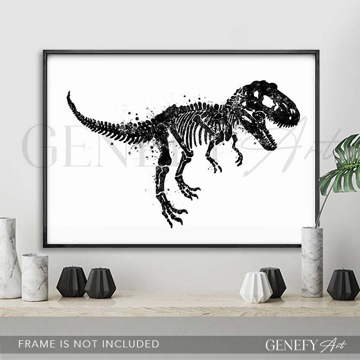 Dinosaur T-Rex Skeleton Black and White Watercolour Print