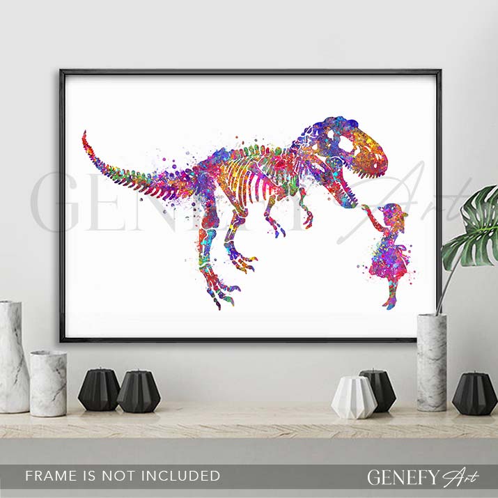 Dinosaur Tyrannosaurus Rex Skeleton and Girl Watercolour Print