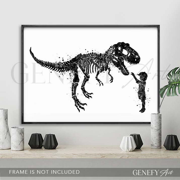 Dinosaur T-Rex and Boy Black and White Watercolour Print