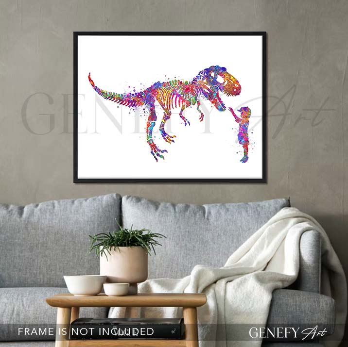 Dinosaur Tyrannosaurus Rex Skeleton and Boy Watercolour Print