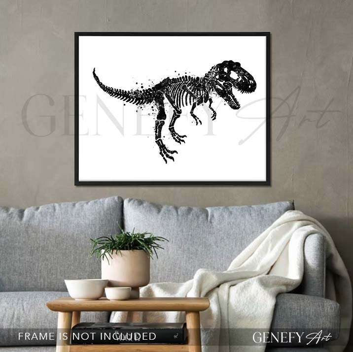 Dinosaur T-Rex Skeleton Black and White Watercolour Print