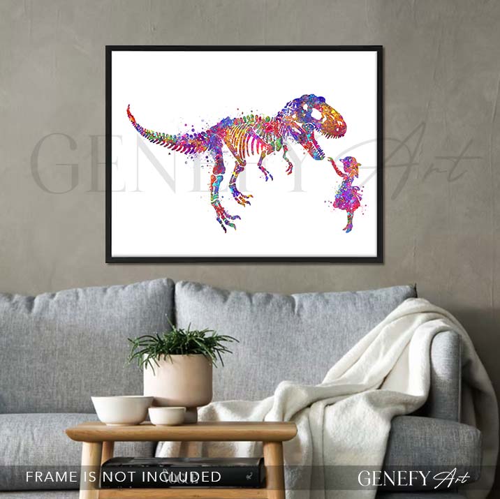 Dinosaur Tyrannosaurus Rex Skeleton and Girl Watercolour Print