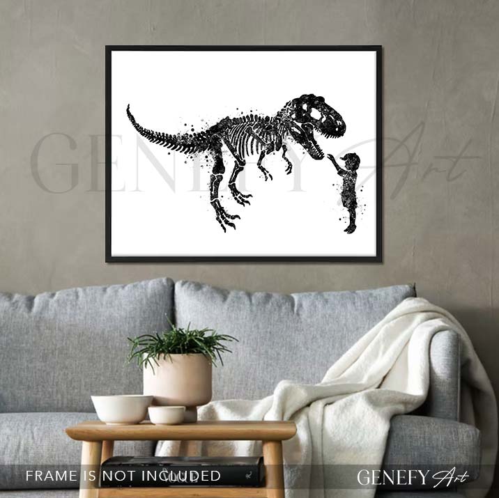 Dinosaur T-Rex and Boy Black and White Watercolour Print