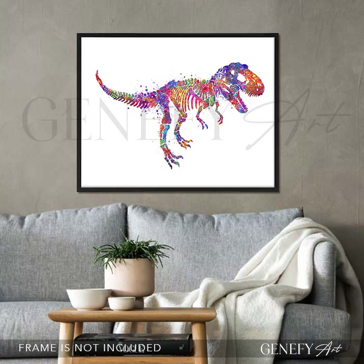 Dinosaur Tyrannosaurus T-Rex Skeleton Watercolour Print