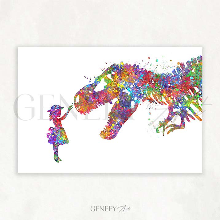 Dinosaur T-Rex and Girl Watercolour Print