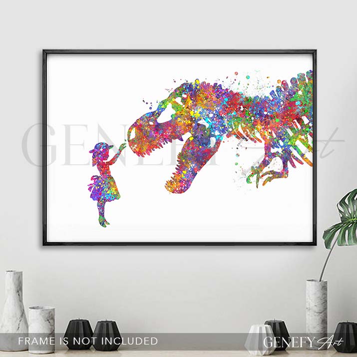 Dinosaur T-Rex and Girl Watercolour Print