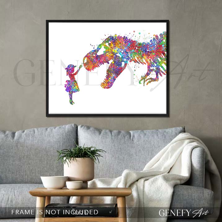 Dinosaur T-Rex and Girl Watercolour Print