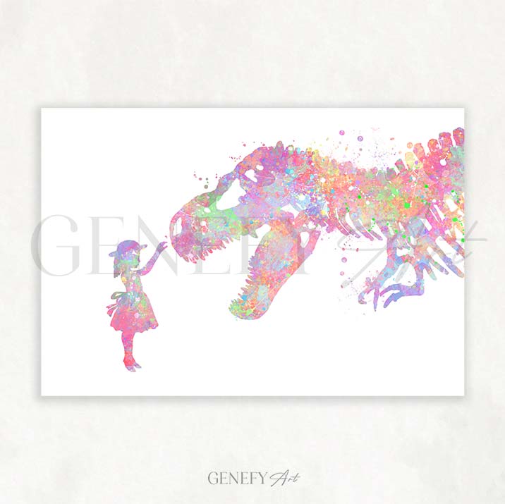 Dinosaur T-Rex and Girl Watercolour Print