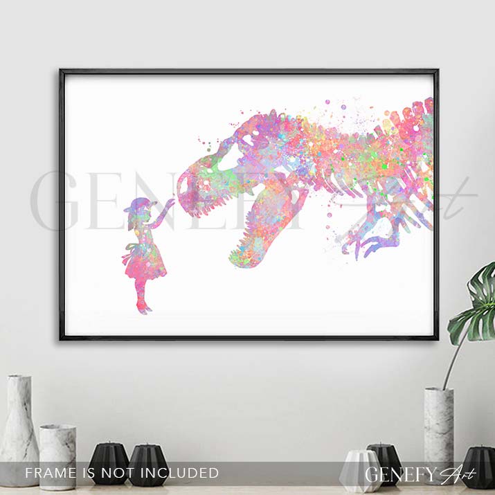 Dinosaur T-Rex and Girl Watercolour Print