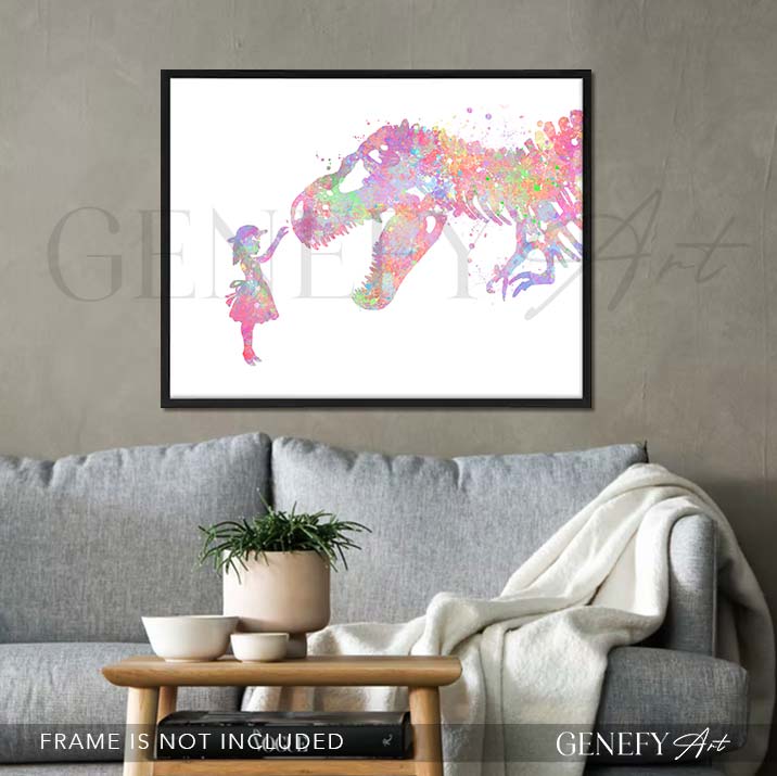 Dinosaur T-Rex and Girl Watercolour Print