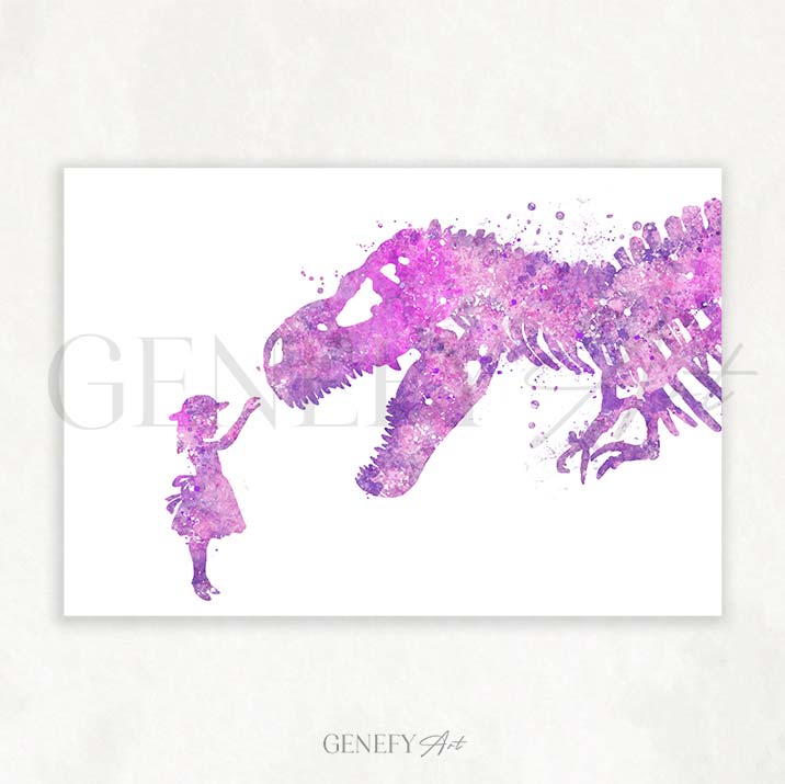 Dinosaur T-Rex and Girl Watercolour Print