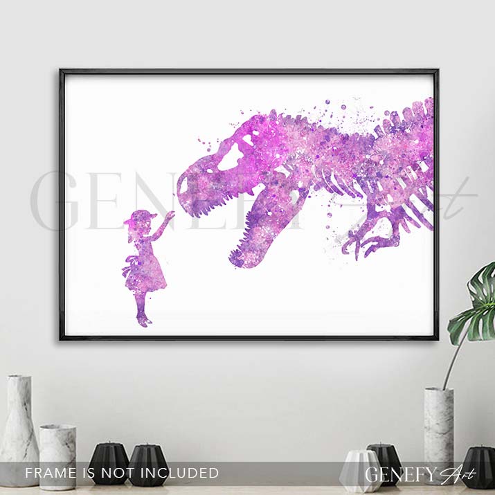 Dinosaur T-Rex and Girl Watercolour Print