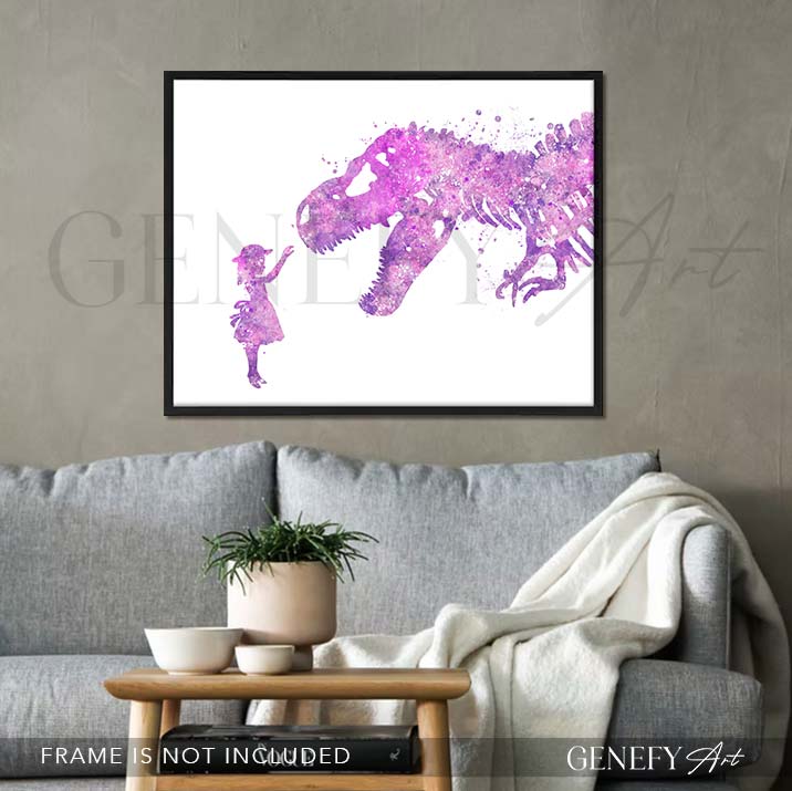 Dinosaur T-Rex and Girl Watercolour Print