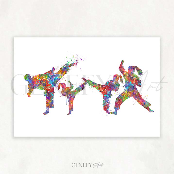 Taekwondo Family of 4 Watercolour Print - Two Daughters