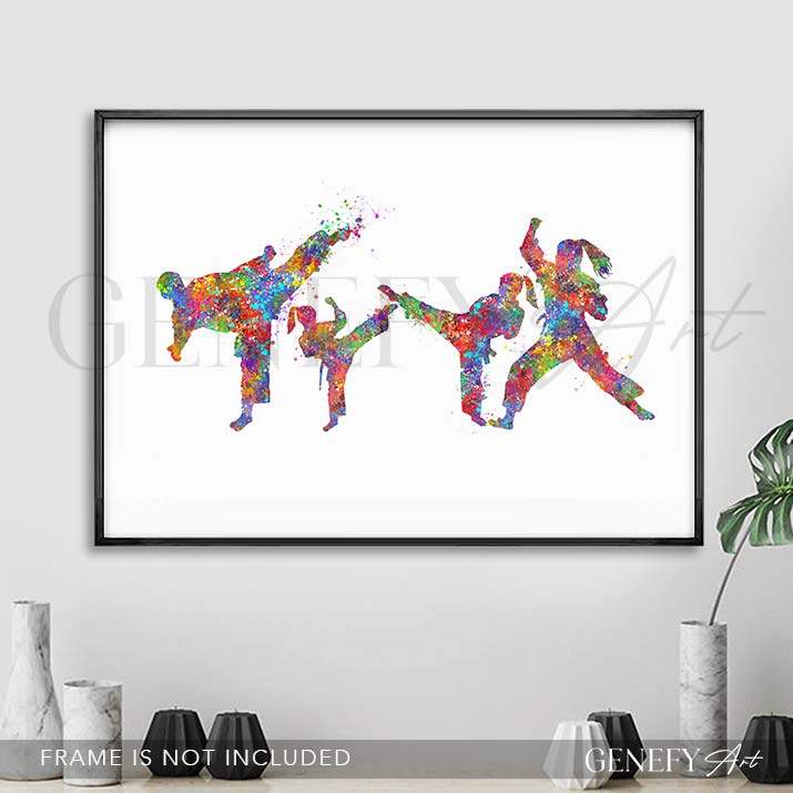 Taekwondo Family of 4 Watercolour Print - Two Daughters