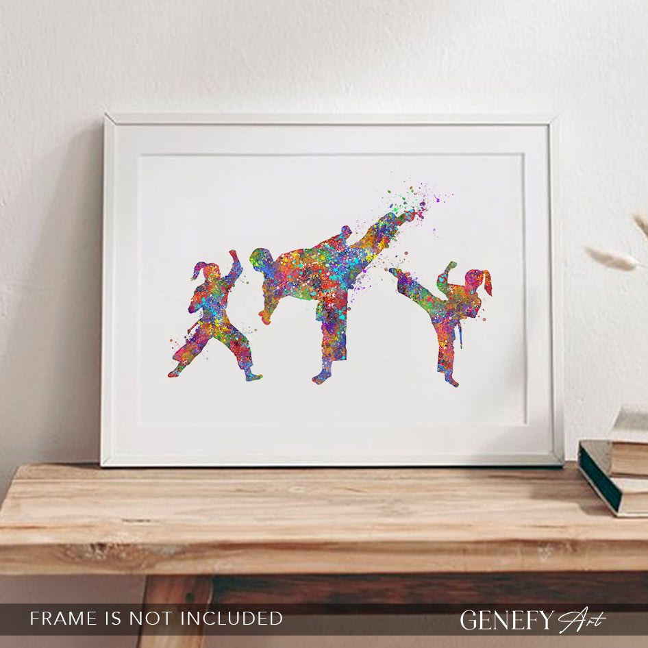 Taekwondo Father, Son and Daughter Watercolour Print