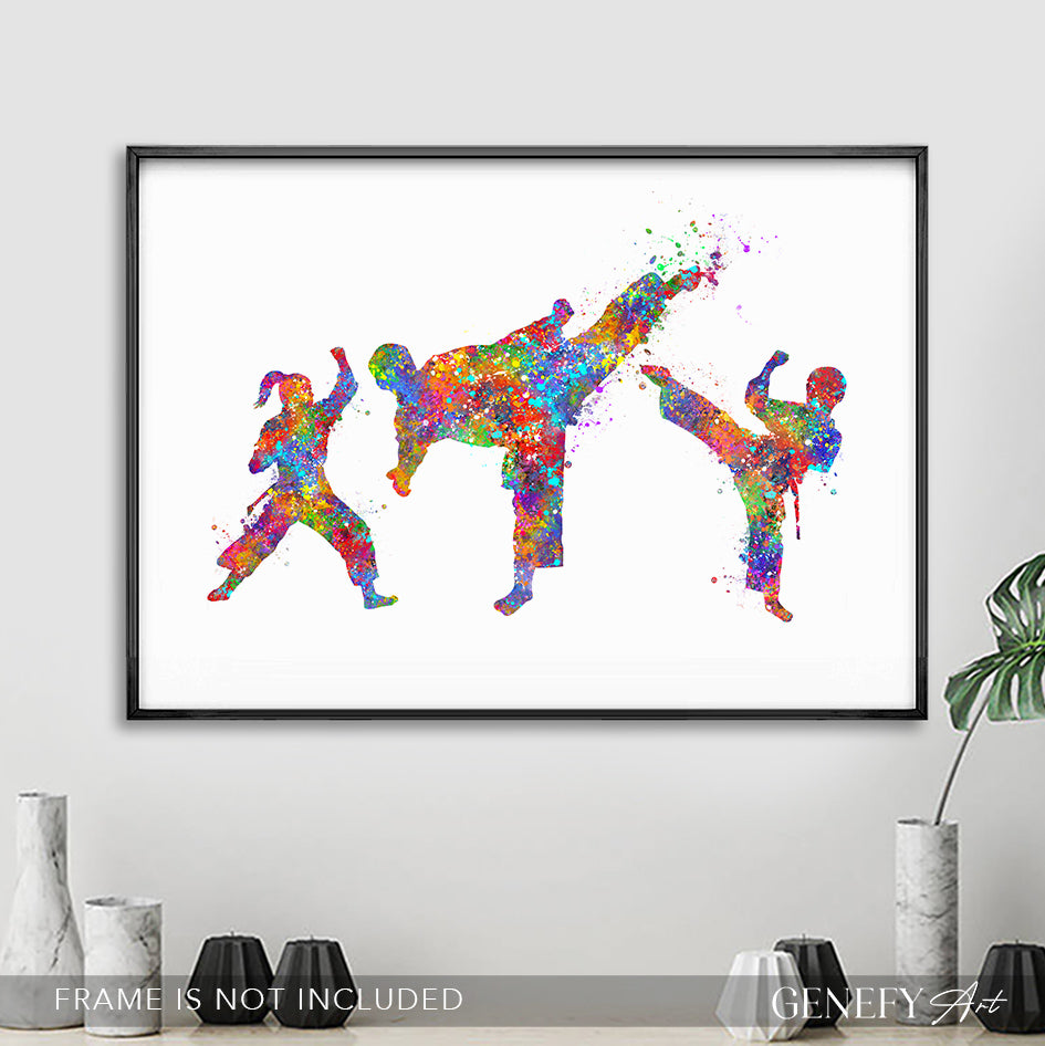 Taekwondo Father, Son and Daughter Watercolour Print
