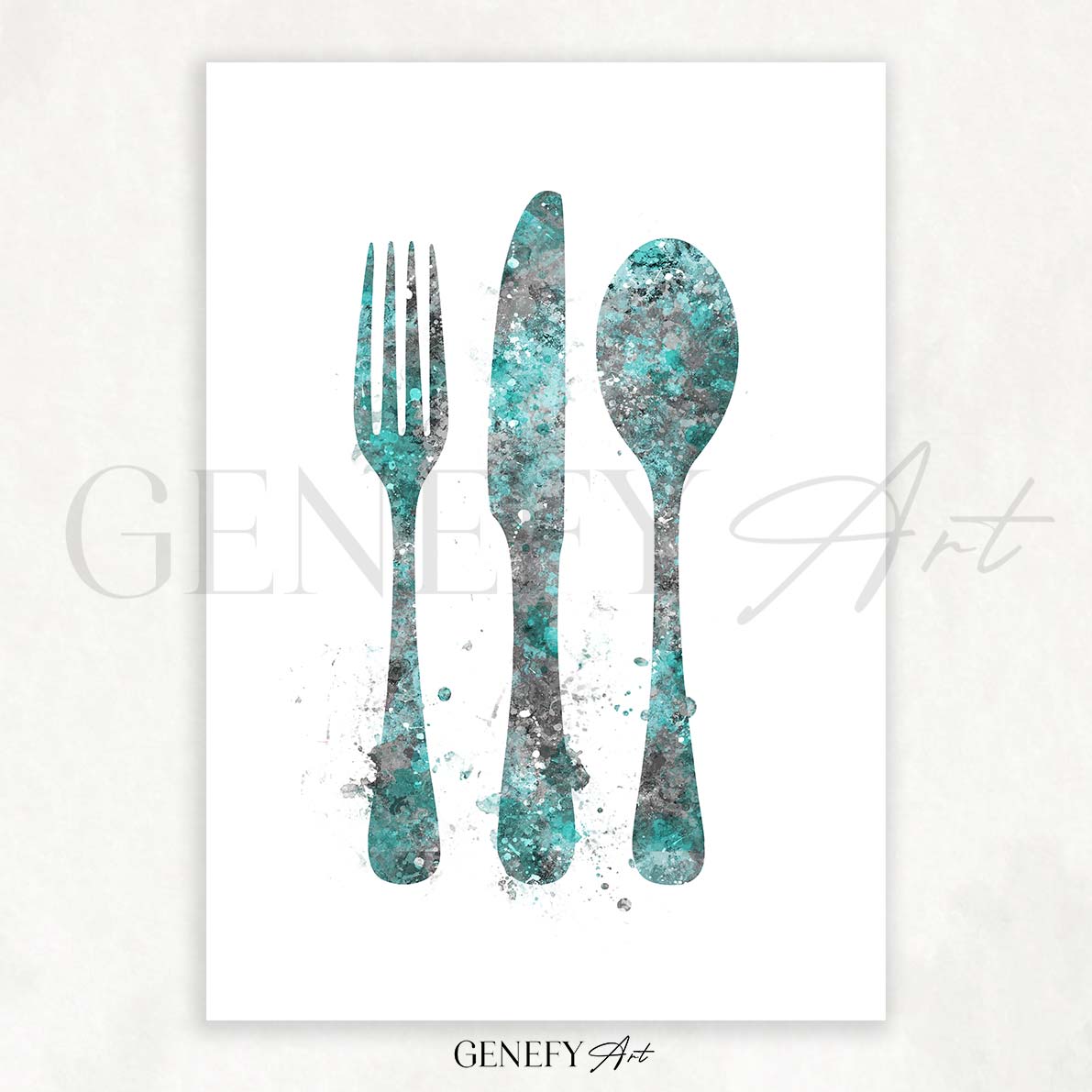 Teal Cutlery Watercolour Kitchen Print