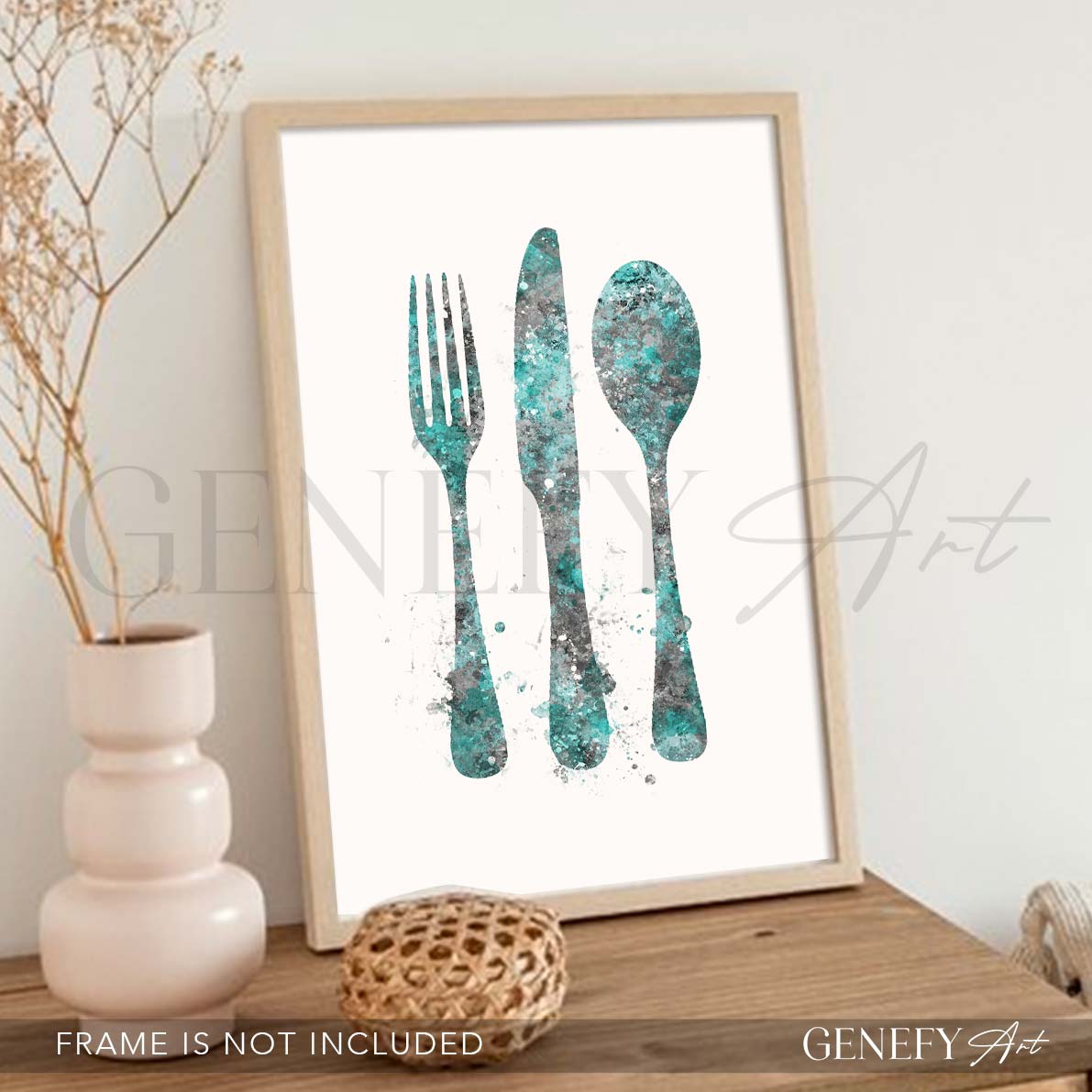 Teal Cutlery Watercolour Kitchen Print