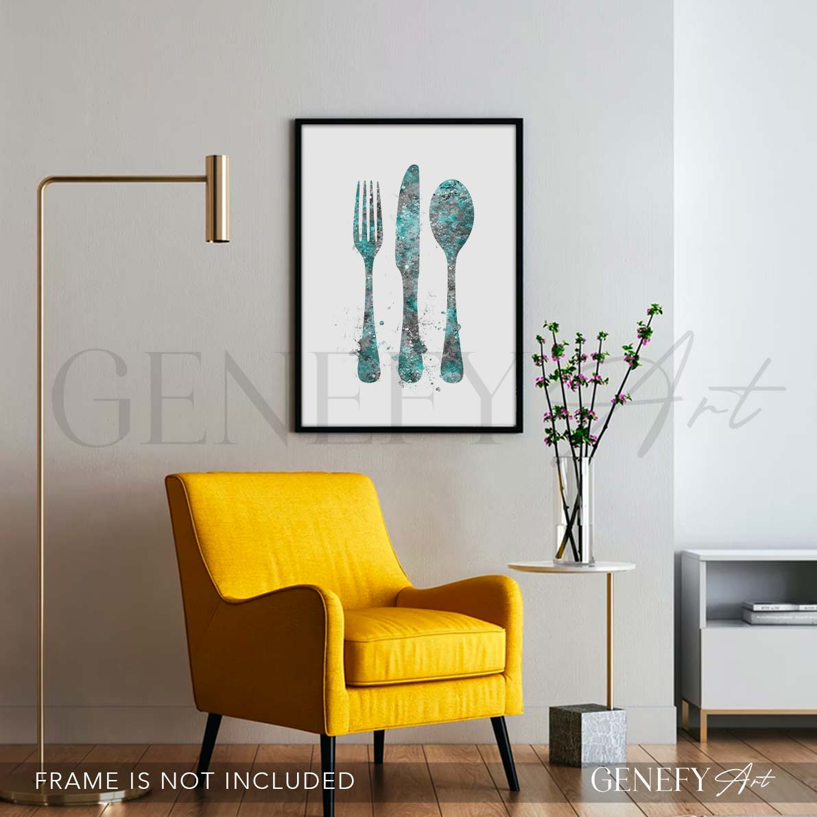 Teal Cutlery Watercolour Kitchen Print