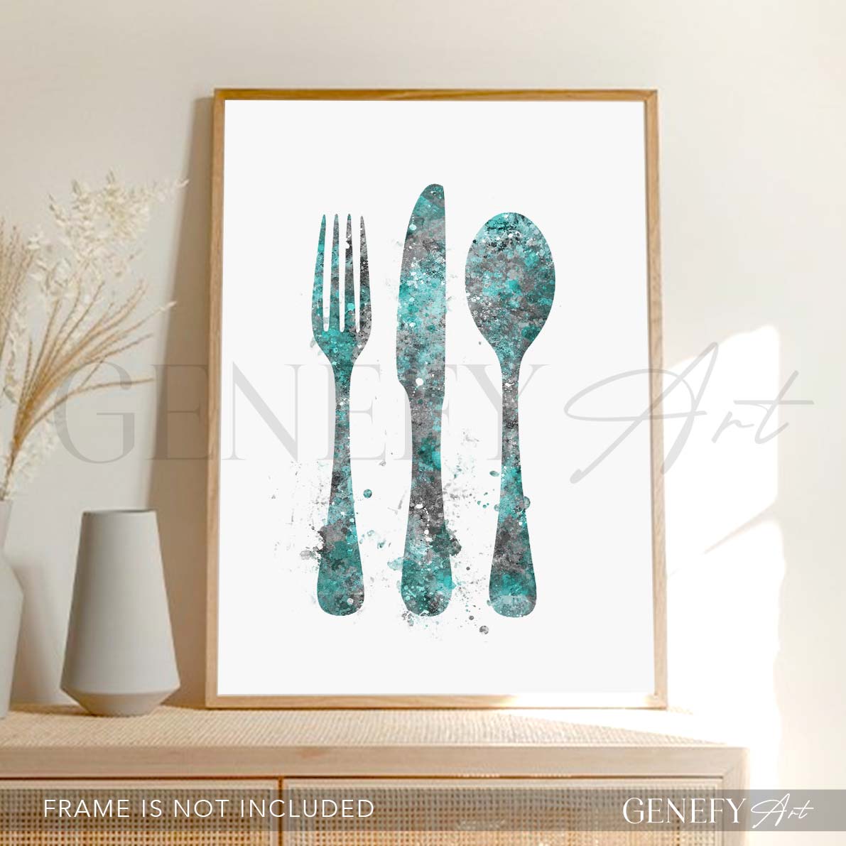 Teal Cutlery Watercolour Kitchen Print
