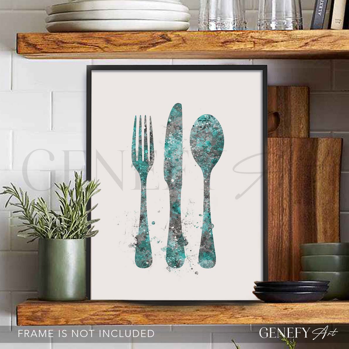 Teal Cutlery Watercolour Kitchen Print
