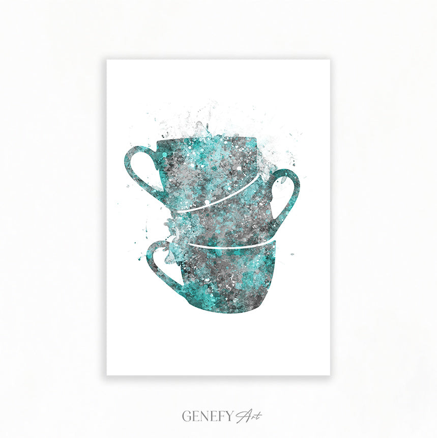 Teal Coffee Cups Watercolour Print