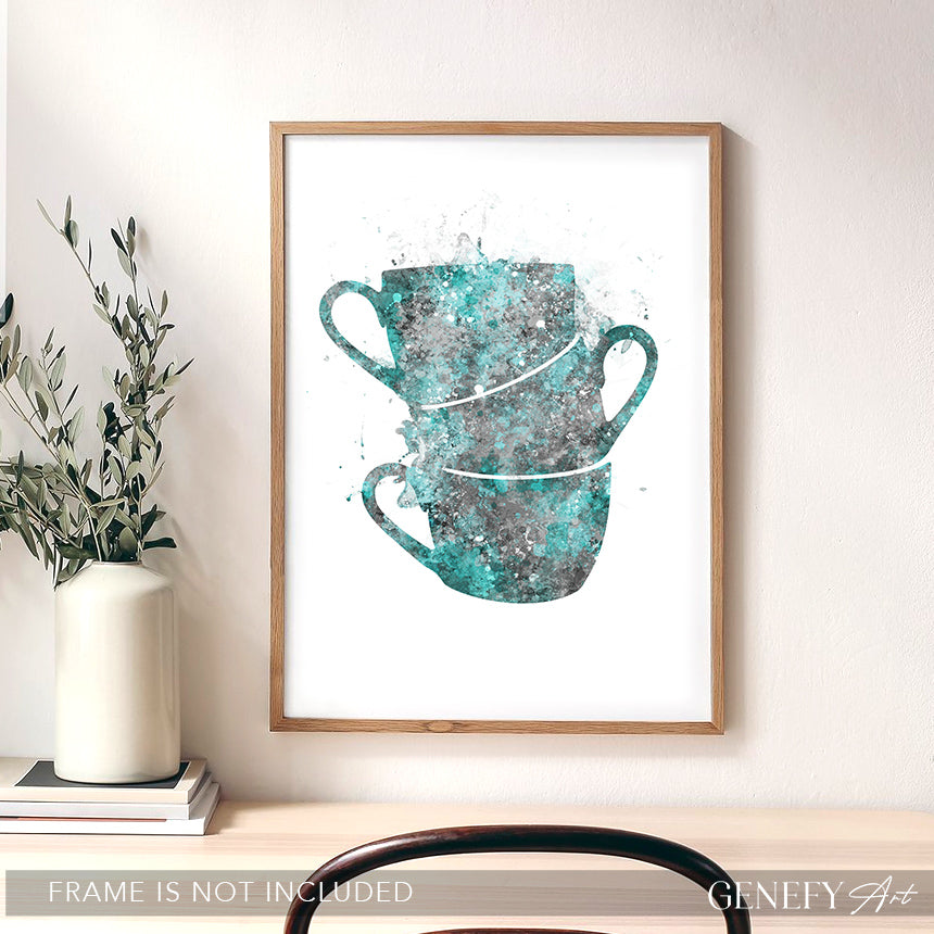 Teal Coffee Cups Watercolour Print