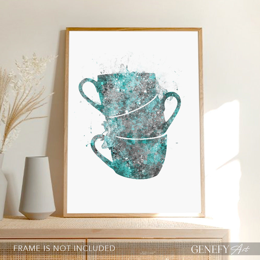 Teal Coffee Cups Watercolour Print