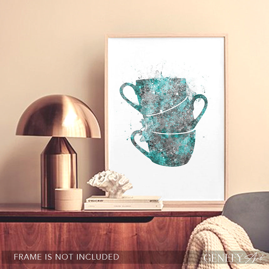 Teal Coffee Cups Watercolour Print