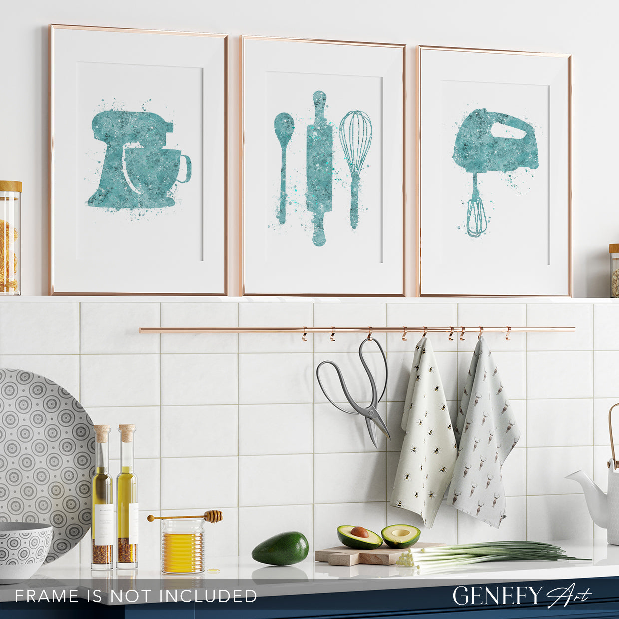 Teal Kitchen Art Set of 3 Prints
