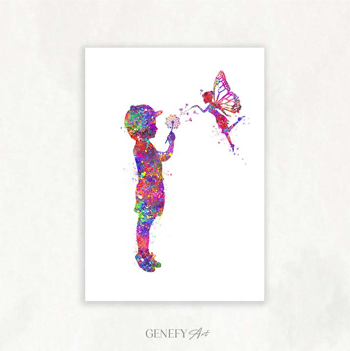 Little Boy and Fairy Watercolour Art Print