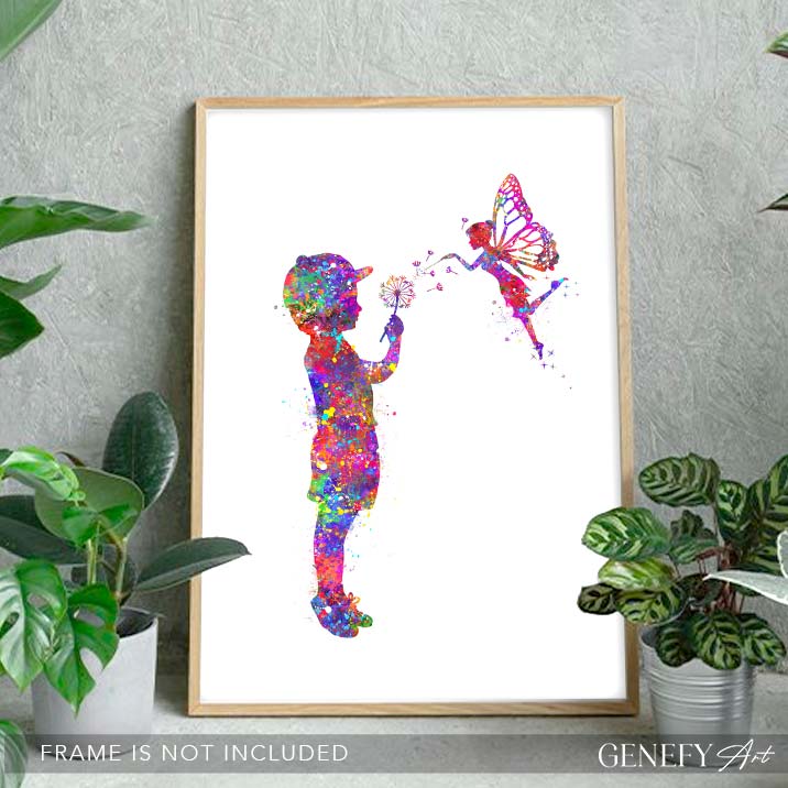 Little Boy and Fairy Watercolour Art Print