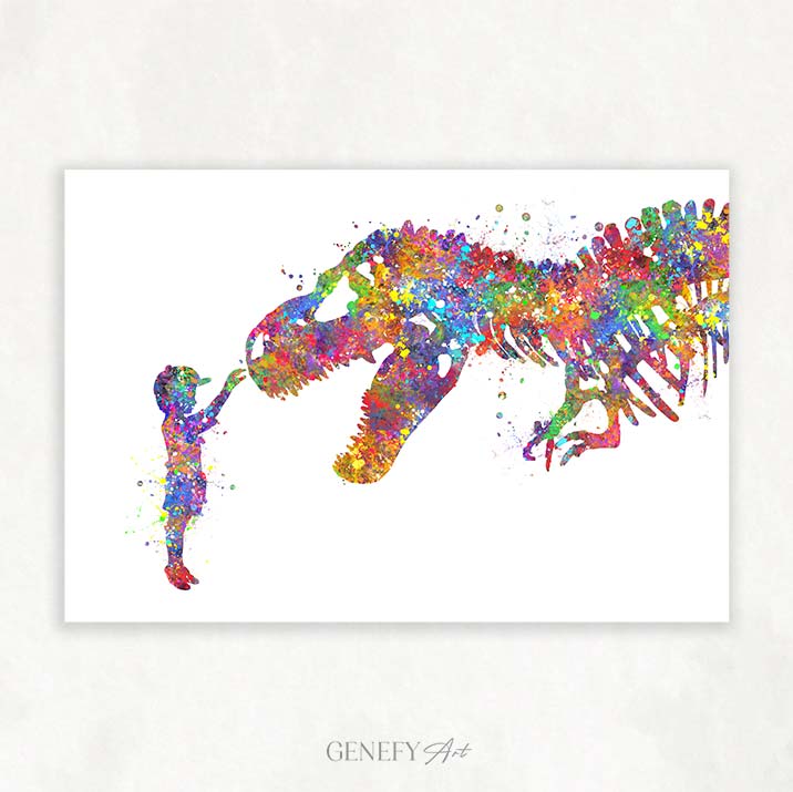 Dinosaur T-Rex and Boy Watercolour Print