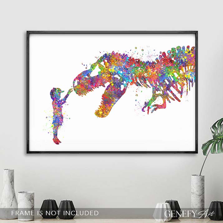 Dinosaur T-Rex and Boy Watercolour Print
