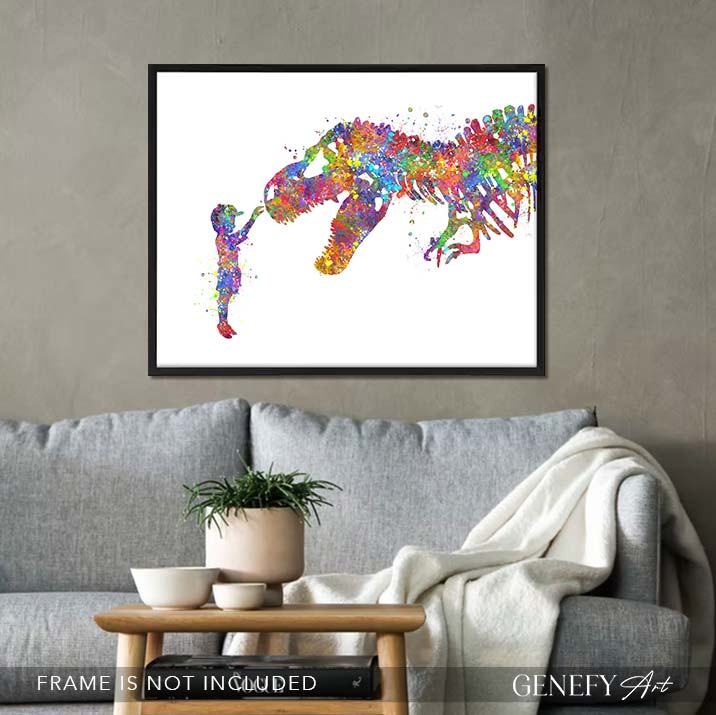 Dinosaur T-Rex and Boy Watercolour Print