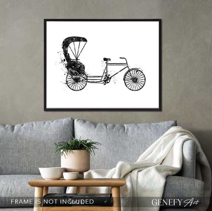 Trishaw Black and White Watercolour Print