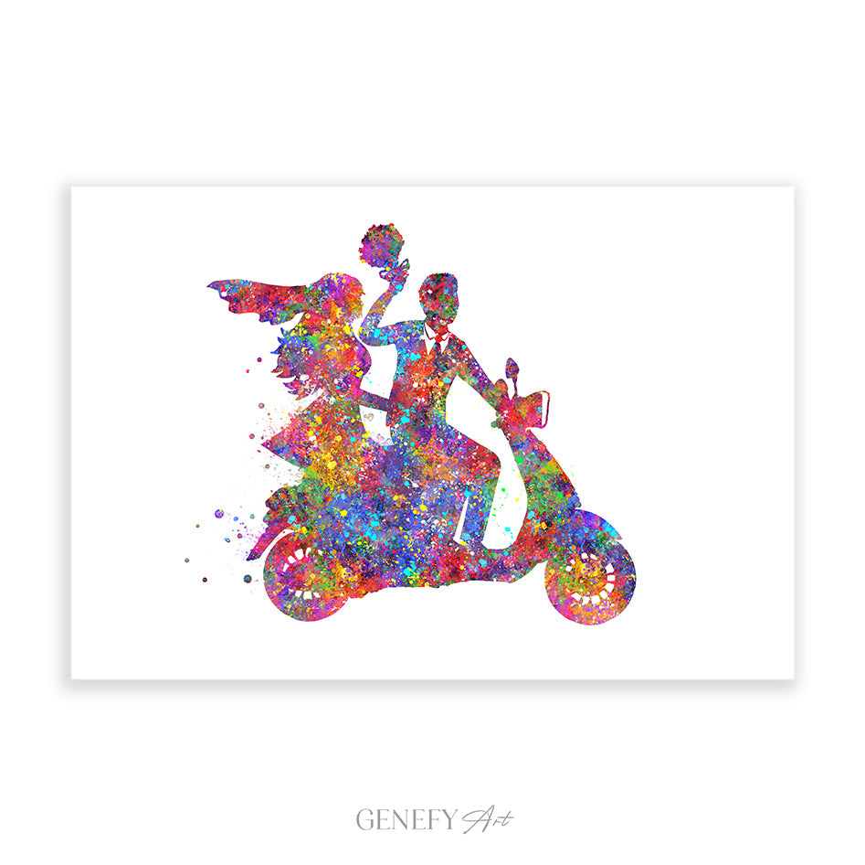 Bride and Groom on Motorbike Watercolour Print