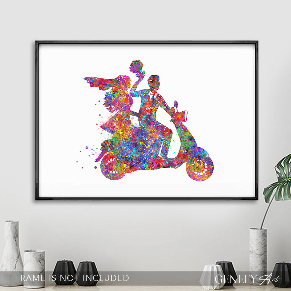 Bride and Groom on Motorbike Watercolour Print