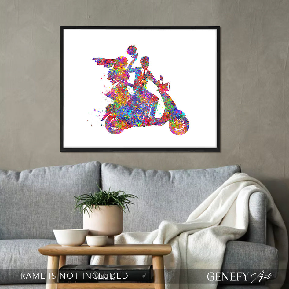 Bride and Groom on Motorbike Watercolour Print