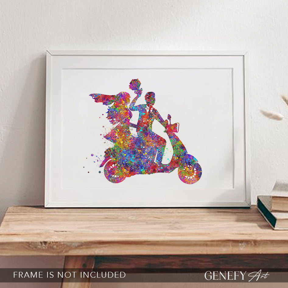 Bride and Groom on Motorbike Watercolour Print
