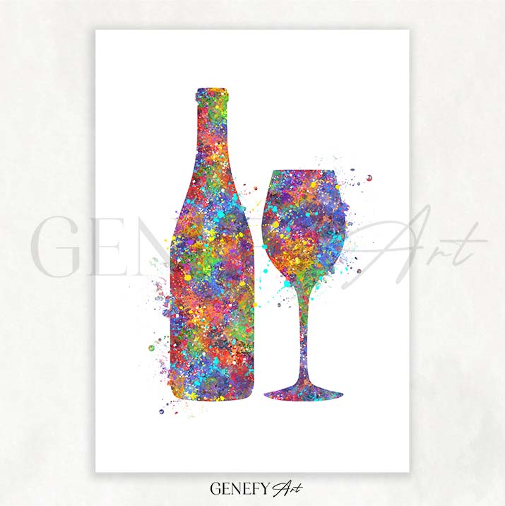 Wine Glass and Bottle Watercolour Print
