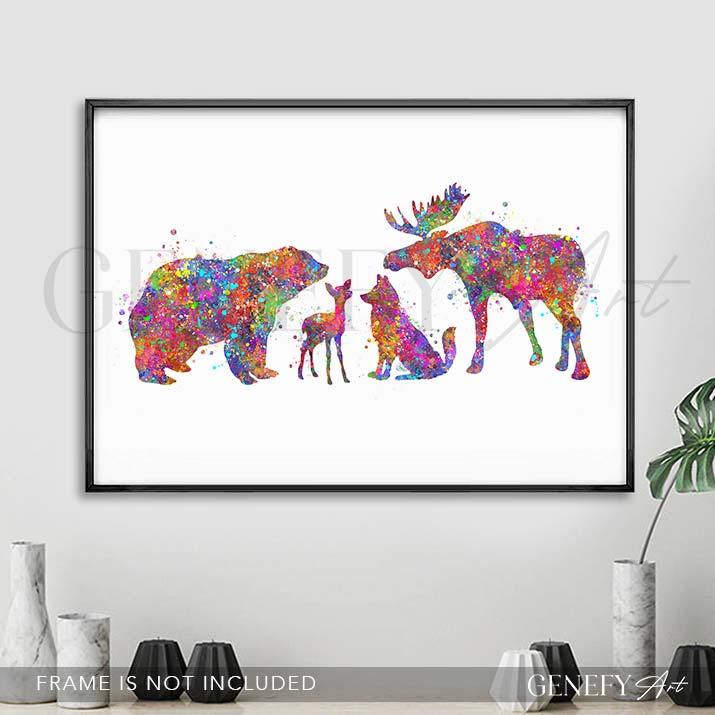 Bear, Moose, Fox and Deer Family Watercolour Print - Genefy Art