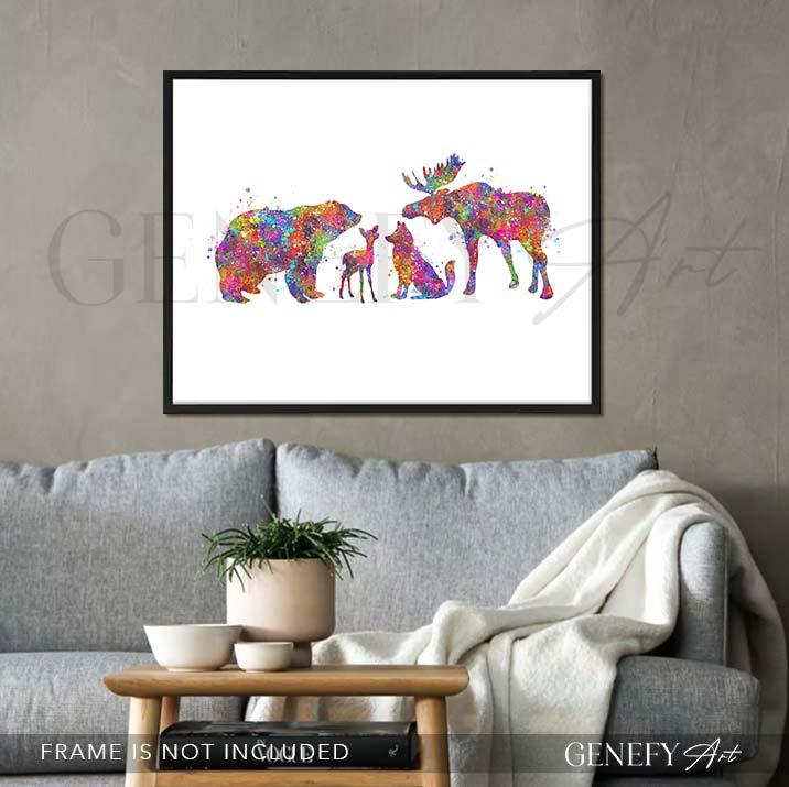 Bear, Moose, Fox and Deer Family Watercolour Print - Genefy Art
