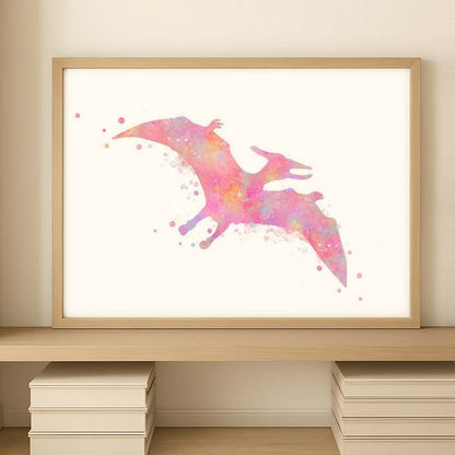 Pteranodon Dinosaur Wall Art Print – Pink Watercolour Flying Dino Decor for Kids