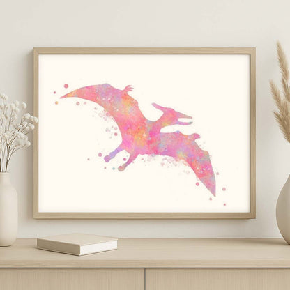 Pteranodon Dinosaur Wall Art Print – Pink Watercolour Flying Dino Decor for Kids
