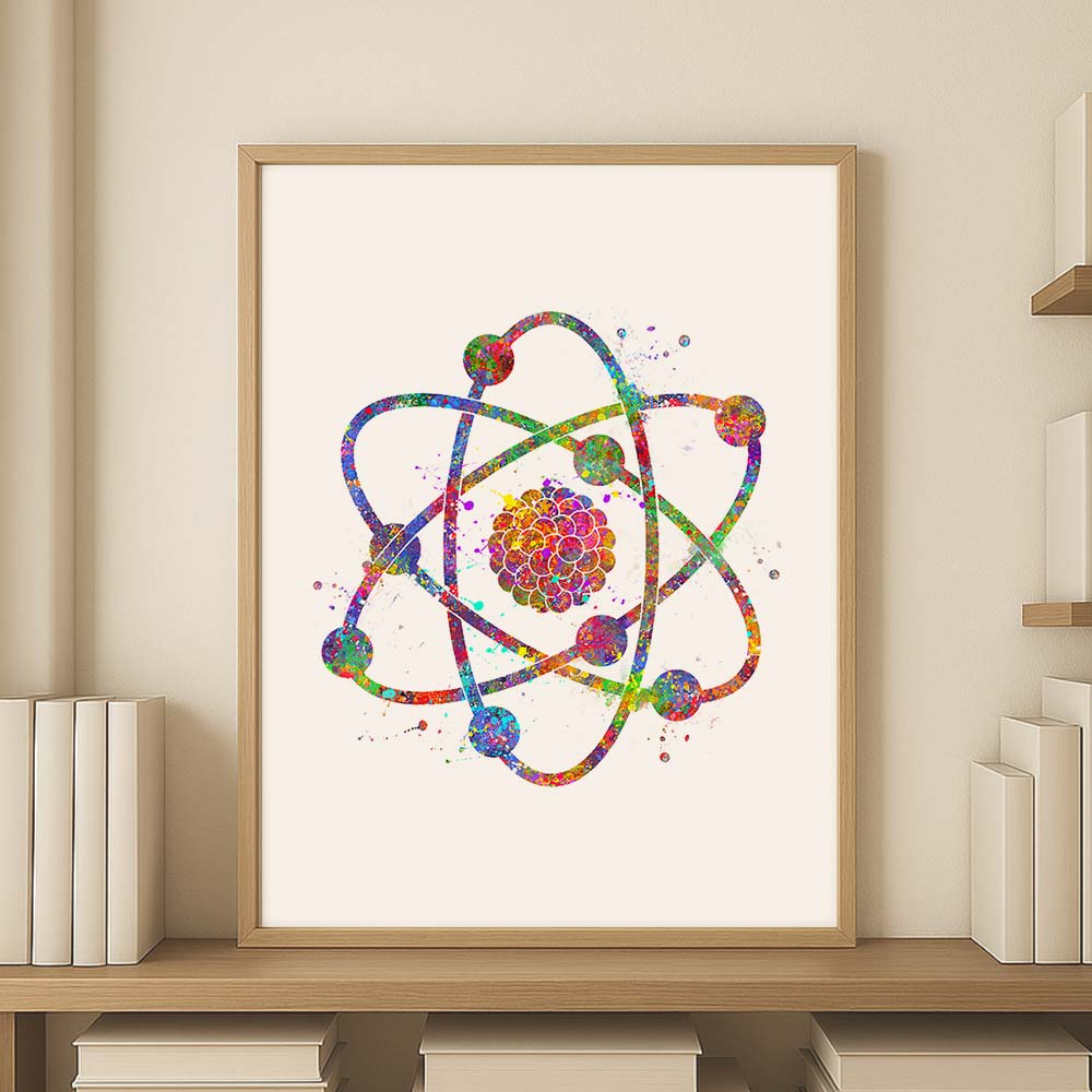 Atom Watercolour Wall Art – Science-Inspired Abstract Print