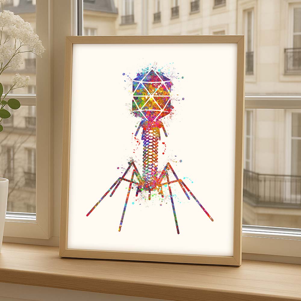 Bacteriophage Watercolour Art Print – Colourful Virus Wall Decor