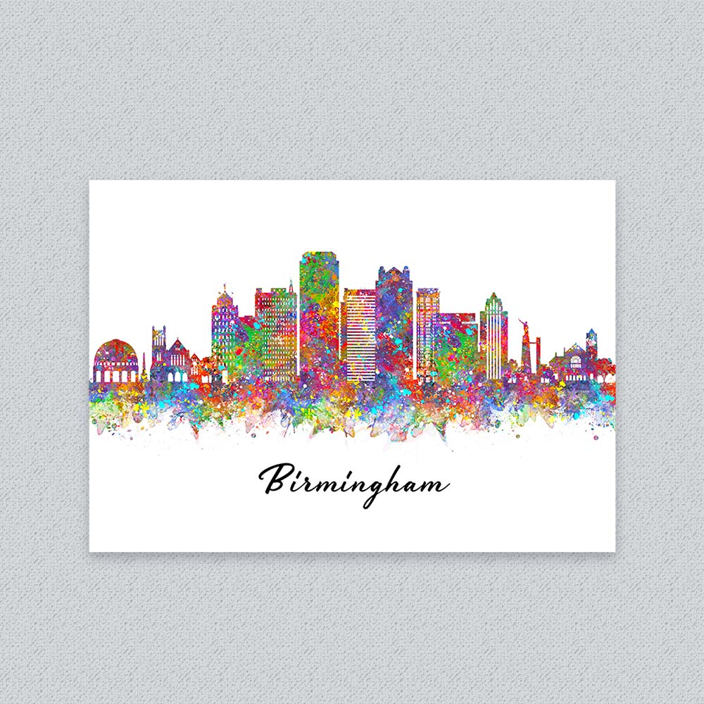 Birmingham Skyline Wall Art Print – Colourful Watercolour Cityscape Poster