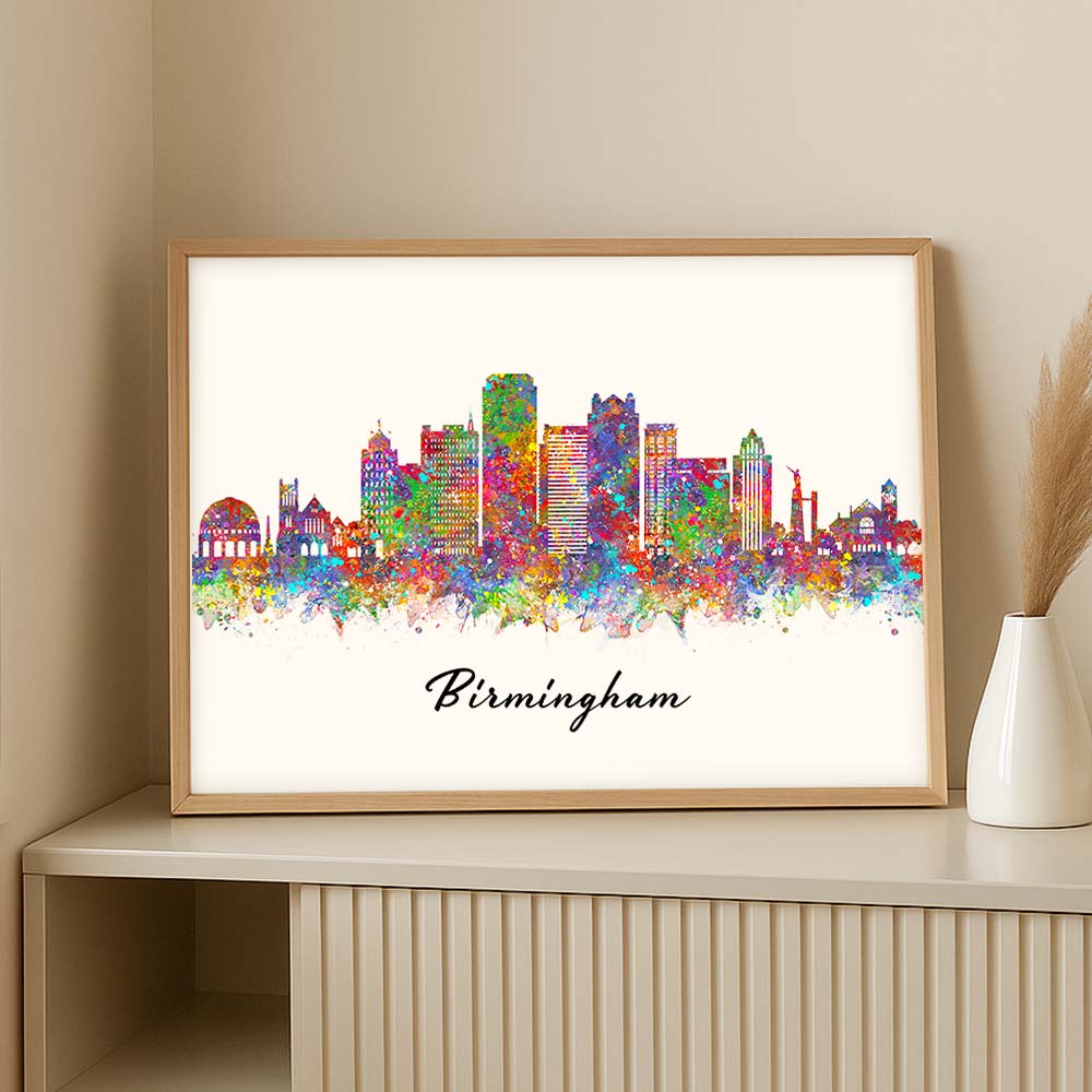 Birmingham Skyline Wall Art Print – Colourful Watercolour Cityscape Poster